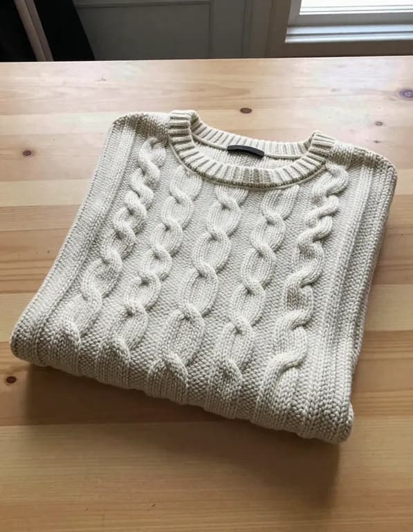 Pull en maille torsadée écrue à plat, photo de départ