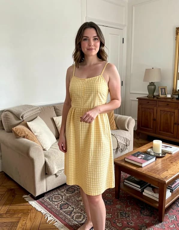 Robe vichy jaune portée sur un mannequin virtuel IA, carreaux et couleur préservés